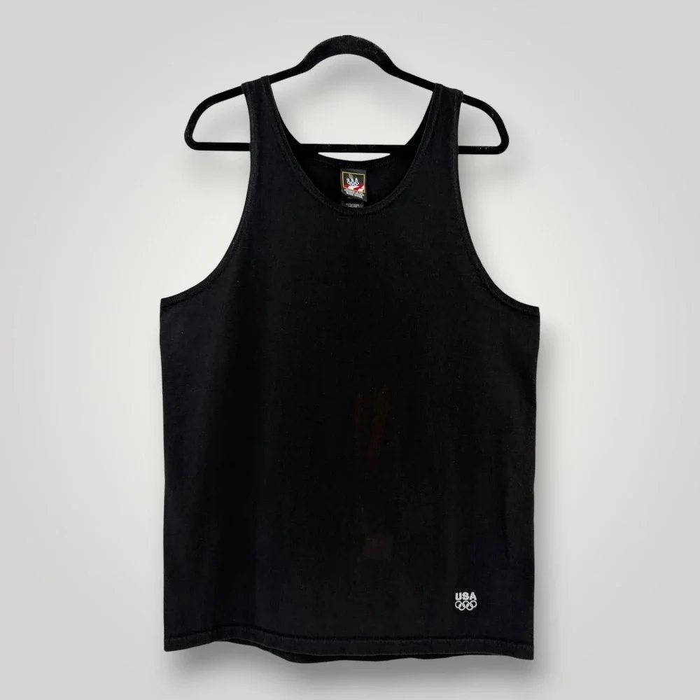 Vintage USA Olympic Tank Top M Black Made USA Embroidered‎ Rings 90s